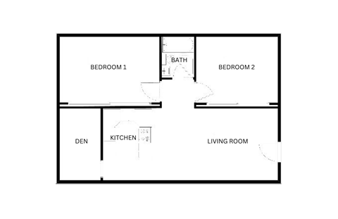 Floor plan for 2 beds, 1 bath, 950 sqft